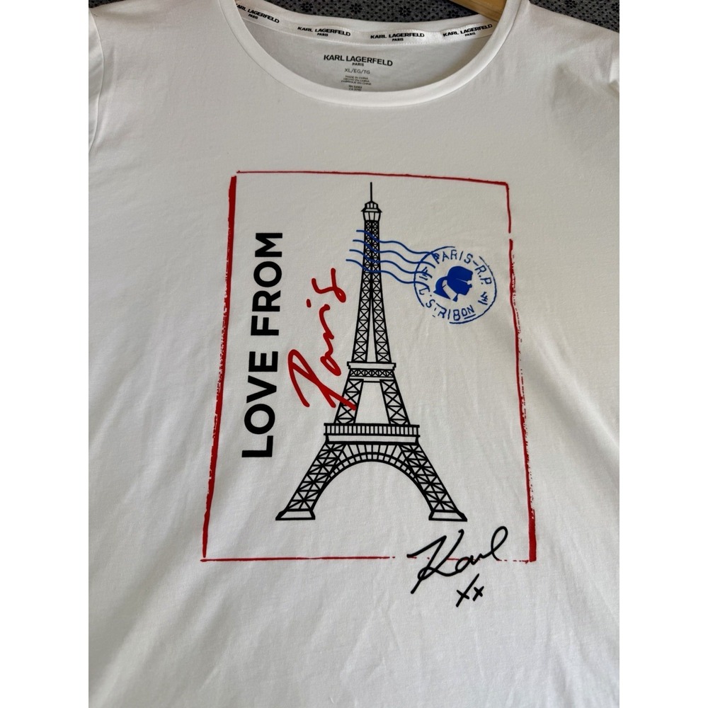 KARL LAGERFELD Womens Blouse XL Love From Paris White Crew Neck Short Sleeve NWT - Picture 2 of 10